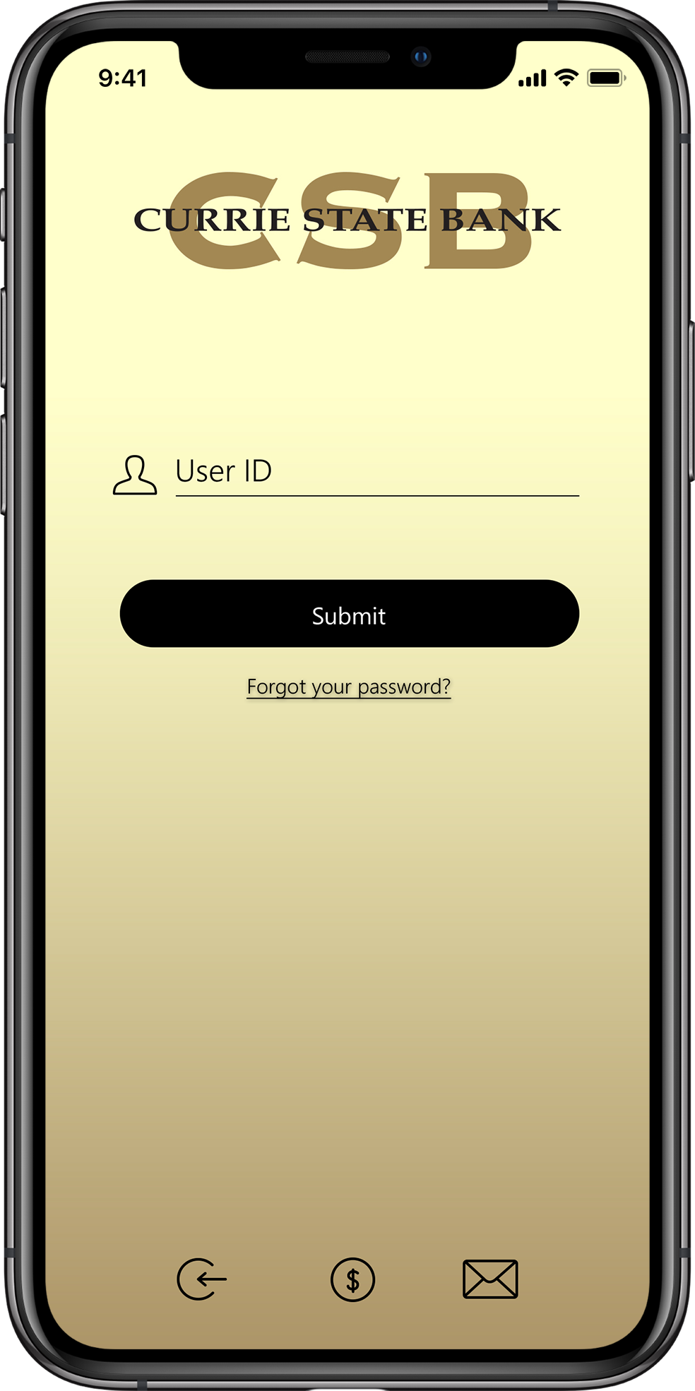 login screen of the mobile app on an iPhone X